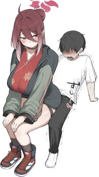 Rule 34 | 1boy, 1girl, black choker, black hair, black pants, blue archive, blush, choker, closed mouth, hair between eyes, halo, highres, long sleeves, mole, narodenden, open mouth, pants, red eyes, red hair, red halo, reijo (blue archive), simple background, white background