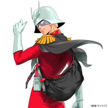 Rule 34 | 1boy, bag, blonde hair, cape, char aznable, copyright notice, epaulettes, eye mask, gloves, gundam, gundam gquuuuuux, helmet, high collar, highres, jacket, long sleeves, looking at viewer, looking back, male focus, mask, military jacket, military uniform, official art, red jacket, second-party source, short hair, simple background, smile, solo, upper body, white background