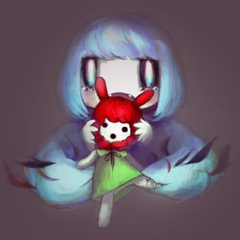 0_0 1girl biting blue_hair bob_cut borrowed_character commentary cropped_torso doll english_commentary fangs fish holding holding_doll kujira looking_at_viewer monster_girl open_mouth original purple_background sad short_hair simple_background solo tearing_up toyo-chan_(ob)