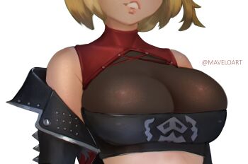 1girl absurdres bare_shoulders black_jacket black_tube_top blonde_hair breast_focus breasts burnice_white commentary english_commentary highres jacket jacket_partially_removed large_breasts maveloart parted_lips simple_background solo spiked_jacket strapless tube_top twitter_username white_background zenless_zone_zero