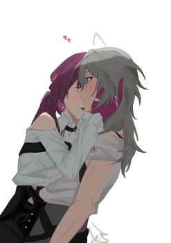 Rule 34 | 2girls, black skirt, blush, chinese commentary, closed mouth, clothing cutout, collared shirt, commentary request, gloves, grey hair, hand in another's hair, heart, highres, honkai: star rail, honkai (series), inu 121299, kafka (honkai: star rail), long hair, multiple girls, open mouth, purple gloves, purple hair, shirt, shoulder cutout, simple background, skirt, stelle (honkai: star rail), trailblazer (honkai: star rail), white background, white shirt, yellow eyes, yuri