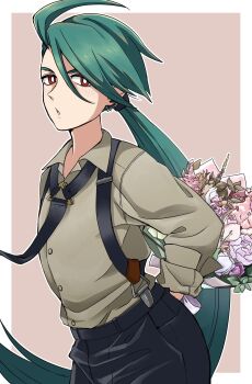1girl ahoge androgynous arms_behind_back asymmetrical_bangs black_gloves black_necktie black_pants bright_pupils collared_shirt commentary_request ear_piercing earrings gloves green_hair highres holding_flower_basket jewelry long_hair necktie nintendo pants piercing pokemon pokemon_scarlet_and_violet ponytail red_eyes reverse_trap rika_(pokemon) shirt solo suspenders tea_prince triangle_earrings white_pupils