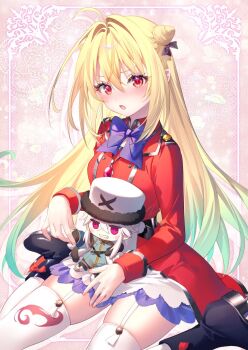 Rule 34 | 1girl, :o, ahoge, black boots, blonde hair, blush, boots, border, bow, bowtie, choppy bangs, commentary request, cone hair bun, dress, garter straps, hair between eyes, hair bow, hair bun, hair intakes, hikikomari kyuuketsuki no monmon, jpeg artifacts, long bangs, long hair, long sleeves, looking at viewer, nose blush, open mouth, ornate border, purple bow, purple bowtie, red dress, red eyes, riichu, sitting, skirt, solo, stuffed toy, terakomari gandezblood, thighhighs, very long hair, wariza, white garter straps, white skirt, white thighhighs