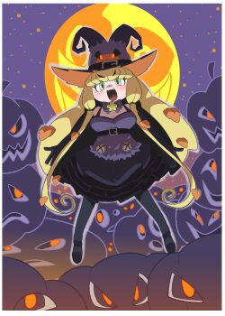 1girl absurdres bare_shoulders belt blonde_hair bow bowtie dress elbow_gloves full_body full_moon gloves green_eyes halloween hat highres jack-o&#039;-lantern_(kemono_friends) kemono_friends kemono_friends_3 leaf long_hair looking_at_viewer maple_leaf moon night night_sky onaji_(sokudo_seigen) pantyhose pumpkin purple_dress shoes skirt sky witch_hat