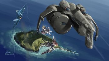 Rule 34 | 2girls, absurdres, aircraft, airplane, artist name, assault lily, black capelet, black pantyhose, black ribbon, black shoes, black skirt, brown hair, capelet, closed mouth, commentary request, commission, contrail, cropped jacket, day, detached sleeves, f-35 lightning ii, fighter jet, floating hair, frilled skirt, frills, hair ribbon, hands up, heterochromia, high-waist skirt, highres, holding, holding shield, holding sword, holding weapon, island, kaede johan nouvel, kudryavka trop, kuo shenlin, loafers, long sleeves, looking at another, midair, military vehicle, multiple girls, ocean, outdoors, outstretched arm, pantyhose, red eyes, ribbon, school uniform, shield, shirt, shoes, short sleeves, signature, skeb commission, skirt, sword, twitter username, water, weapon, white pantyhose, white shirt, yellow eyes, yurigaoka girls academy school uniform