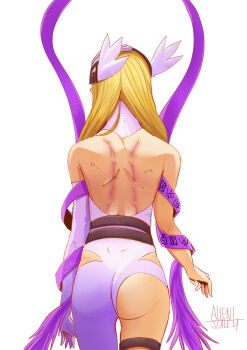 Rule 34 | 1girl, allen1/4scale, angel, angel girl, angewomon, artist name, ass, asymmetrical clothes, cowboy shot, digimon, digimon (creature), elbow gloves, facing away, female focus, from behind, gloves, gluteal fold, head wings, helmet, highres, long hair, mask, scar, scar on back, single glove, single pantsleg, solo, thighs, white gloves, winged helmet, wings