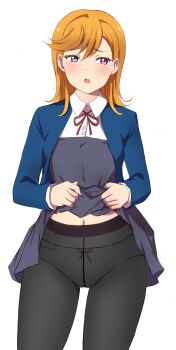 1girl :o absurdres black_pantyhose blue_jacket blush box_wonderland commentary embarrassed feet_out_of_frame highres jacket long_hair love_live! love_live!_superstar!! navel orange_eyes orange_hair panties panties_under_pantyhose pantyhose school_uniform shibuya_kanon shirt simple_background solo standing underwear white_background white_shirt yuigaoka_school_uniform