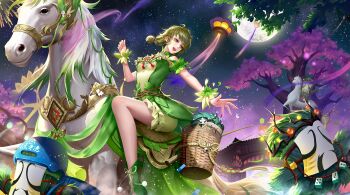 1girl bare_legs bare_shoulders belt bloomers boots breasts bridge brown_belt character_request cherry_blossoms collared_dress copyright_request crossed_belts detached_sleeves dice dress eyelashes feet_out_of_frame footwear_ribbon frilled_sleeves frills full_moon green_bloomers green_boots green_dress green_eyes green_hair green_ribbon green_sleeves green_wrist_cuffs hair_tie halter_dress halterneck happy high_collar horseback_riding lace-up_boots light_particles long_dress low_twintails moon night open_mouth outdoors pom_pom_(clothes) ribbon ribbon-trimmed_bloomers ribbon_trim riding short_hair short_twintails sky small_breasts smile solo star_(sky) starry_sky swept_bangs tassel teeth tight_clothes tight_dress tree twintails underwear upper_teeth_only wrist_cuffs ye_dian_pikaqiu