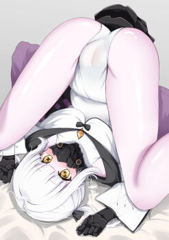 1girl absurdres alternate_skin_color aoto_mei blue_archive blush cameltoe colored_skin commentary_request ein_(blue_archive) extra_pupils flying_sweatdrops folded highres leotard loli long_sleeves lying mask mechanical_hands mechanical_tail pink_skin respirator short_hair solo symbol-shaped_pupils tail thighs top-down_bottom-up twintails upside-down white_hair white_leotard x-shaped_pupils yellow_eyes