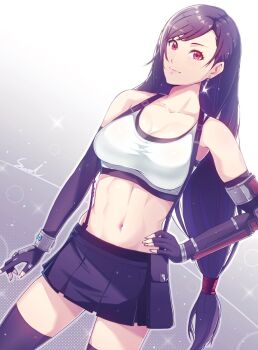 1girl black_gloves black_hair black_skirt black_thighhighs breasts cleavage collarbone corner50777313 cowboy_shot crop_top earrings final_fantasy final_fantasy_vii final_fantasy_vii_remake fingerless_gloves gloves hand_on_own_hip highres jewelry large_breasts long_hair looking_at_viewer low-tied_long_hair materia miniskirt navel red_eyes skirt solo stomach suspender_skirt suspenders tank_top thighhighs thighs tifa_lockhart very_long_hair white_tank_top zettai_ryouiki