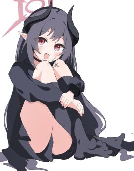 1girl :d black_choker black_hair black_horns black_shirt black_skirt black_socks blue_archive blush chiaki_(blue_archive) choker commentary crossed_ankles demon_girl demon_horns eyes_visible_through_hair feet full_body hair_between_eyes halo happy highres horns hugging_own_legs kneehighs knees_up long_hair long_sleeves looking_at_viewer miniskirt no_shoes open_mouth pointy_ears red_eyes red_halo shirt signature simple_background sitting skirt slit_pupils smile socks soles solo thighs toes very_long_hair white_background yukou_sui