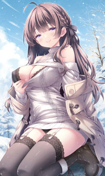 1girl ahoge black_bra black_panties black_ribbon black_shoes black_thighhighs blue_sky blush boots bra braid breasts brown_coat brown_hair cleavage cleavage_cutout closed_mouth clothes_pull clothing_cutout cloud coat commentary_request day garter_straps hair_ribbon highres kneeling long_hair long_sleeves looking_at_viewer medium_breasts open_clothes open_coat original outdoors panties purple_eyes ribbon ryo_(botugo) seductive_smile shoes sidelocks sky smile snow solo sweater sweater_pull thighhighs thighs underwear white_garter_straps white_sweater winter
