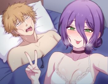 Rule 34 | 1boy, 1girl, aftersex, armpits, bed, black choker, blanket, blonde hair, blush, breasts, camisole, chainsaw man, choker, cleavage, collarbone, denji (chainsaw man), green eyes, grenade pin, guy tired after sex (meme), hair between eyes, hooco tora, looking at viewer, meme, pillow, purple hair, reze (chainsaw man), selfie, sidelocks, sunken cheeks, sweat, tongue, tongue out, v, white camisole