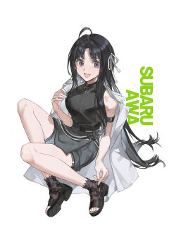Rule 34 | 1girl, ahoge, arm strap, awa subaru, black hair, black sandals, black shirt, black shorts, black socks, character name, coat, coat on shoulders, commentary, full body, girls band cry, hair ribbon, highres, jacket, lace socks, long hair, looking at viewer, nail polish, open mouth, red nails, ribbon, sandals, shirt, shorts, simple background, sitting, socks, solo, teeth, toeless socks, toenail polish, toenails, turtleneck, turtleneck shirt, upper teeth only, very long hair, white background, white jacket, white ribbon, wuzao
