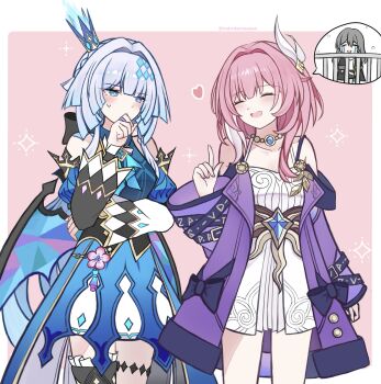 2girls absurdres bare_shoulders black_thighhighs blue_dress blue_eyes blue_hair breasts cerydra_(honkai:_star_rail) coat commentary_request crown cyrene_(aedes_elysiae)_(honkai:_star_rail) cyrene_(honkai:_star_rail) detached_sleeves dress grey_hair hair_intakes hair_ornament highres honkai:_star_rail honkai_(series) jewelry long_hair marutaro medium_breasts multicolored_hair multiple_girls necklace pink_background pink_hair purple_coat short_hair single_thighhigh small_breasts stelle_(honkai:_star_rail) thighhighs thighs trailblazer_(honkai:_star_rail) two-tone_hair very_long_hair white_dress white_hair wings