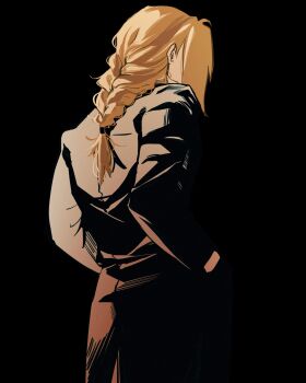 Rule 34 | 1boy, ahoge, black background, black coat, blonde hair, braid, coat, commentary, edward elric, english commentary, facing away, from behind, fullmetal alchemist, hair tie, hand in pocket, highres, jeweldraw, long coat, long hair, long sleeves, male focus, single braid, sketch, solo