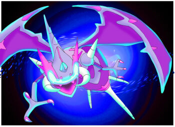 border claws commentary_request fangs full_body gen_7_pokemon glowing glowing_eyes highres naganadel nintendo no_humans open_mouth pokemon pokemon_(creature) pokemon_focus skin_fangs solo stinger tsuyo_mark2 ultra_beast white_border wings