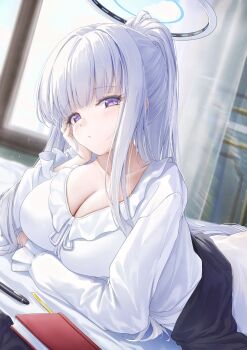 1girl blue_archive frilled_pajamas frills halo highres long_hair mechanical_halo nightgown noa_(blue_archive) noa_(pajamas)_(blue_archive) official_alternate_costume pajamas purple_eyes sleepwear solo white_hair white_halo white_nightgown white_pajamas xfate