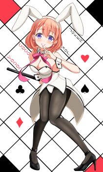 1girl animal_ears black_pantyhose breasts cane card earrings gochuumon_wa_usagi_desu_ka? high_heels highres hoto_cocoa jewelry leotard maxima_sakuya pantyhose playboy_bunny playing_card rabbit_ears white_leotard wrist_cuffs