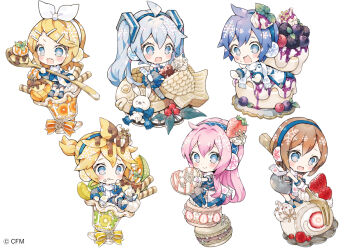 2boys 4girls :p ahoge blonde_hair blue_eyes blue_hair brown_hair cake chibi chibi_only closed_mouth commentary_request copyright_notice cup double-parted_bangs drinking_glass food food_on_face fruit full_body hair_between_eyes hair_ornament hair_ribbon hairclip hatsune_miku holding holding_food holding_spoon kagamine_len kagamine_rin kaito_(vocaloid) long_hair macaron megurine_luka meiko meiko_(vocaloid) multiple_boys multiple_girls niwako official_art open_mouth orange_(fruit) orange_ribbon orange_slice parallel_hairclips parfait parfait_glass parted_bangs pink_hair pudding ribbon scarf short_hair simple_background sitting spoon strawberry swiss_roll tongue tongue_out twintails vocaloid wafer_stick white_background white_ribbon white_scarf yuki_kaito yuki_len yuki_luka yuki_meiko yuki_miku yuki_miku_(2010) yuki_rin