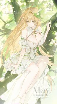 1girl ahoge arm_support blonde_hair breasts cleavage closed_mouth commission detached_sleeves diamond_(gemstone) double-parted_bangs dress feet_out_of_frame flower green_eyes green_ribbon hair_between_eyes hair_intakes hair_ribbon hand_up high-low_dress highres large_breasts long_bangs long_hair looking_at_viewer original ribbon short_sleeves sitting sitting_on_branch sleeveless sleeveless_dress smile solo spe_(speport) very_long_hair watermark white_dress white_flower white_sleeves