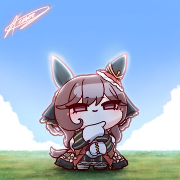 1girl animal_ears blue_sky blush braid braided_hair_rings breasts brown_hair chibi chibi_only cloud commentary detached_sleeves dress ear_covers ear_ornament gentildonna_(regina_dei_fiori)_(umamusume) gentildonna_(umamusume) gloves grass hair_between_eyes hair_ornament hair_rings heart-shaped_ornament heart_ear_ornament highres horse_ears horse_girl horse_tail kuroij long_hair looking_at_viewer outdoors red_eyes sky smile solo symbol-only_commentary tail umamusume white_gloves