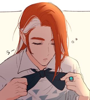 1boy alternate_hairstyle arm_up arms_up black_bow bow bowtie closed_eyes collared_shirt commentary_request eyelashes grisham_(pokemon) hair_down jewelry male_focus multicolored_hair nintendo oshiyoarigato pokemon pokemon_legends:_z-a red_hair ring shirt sleepy solo squeans streaked_hair tying_bowtie upper_body white_background white_hair white_shirt wing_collar