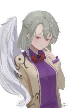 Rule 34 | 1girl, alternate hairstyle, bow, bowtie, braid, commentary, dress, finger to mouth, grey hair, grey jacket, hair between eyes, jacket, kishin sagume, light smile, looking at viewer, medium hair, open clothes, open jacket, purple dress, red bow, red bowtie, red eyes, ropu 1, side braid, signature, single wing, solo, touhou, upper body, white background, white wings, wings
