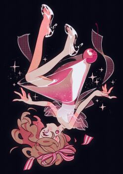 1girl bare_arms bare_legs bare_shoulders black_background blush bright_pupils brown_hair cherry cherry_earrings dress earrings expressionless food food-themed_earrings food_themed_earrings fruit full_body hair_ribbon high_heels highres jewelry liquid long_hair medium_dress oharu-chan original purple_eyes red_nails red_ribbon ribbon see-through_clothes see-through_dress see-through_footwear see-through_sleeves short_sleeves simple_background solo sparkle striped_ribbon upside-down wavy_hair white_dress white_pupils