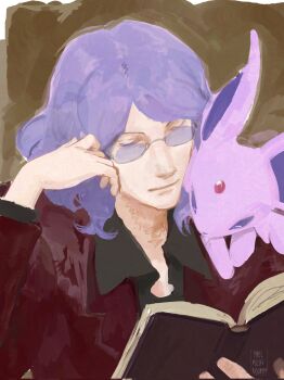 1boy black_shirt book closed_eyes collared_shirt espeon formal_clothes gen_2_pokemon hand_on_own_cheek hand_on_own_face highres holding holding_book jacket light_smile long_sleeves lucian_(pokemon) male_focus nintendo on_shoulder open_book pokemon pokemon_(creature) pokemon_dppt pokemon_on_shoulder purple_hair reading red_jacket red_suit shirt smolmushroomm suit