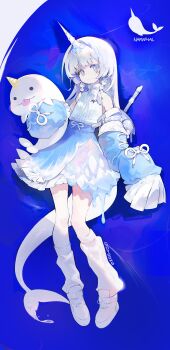 Rule 34 | 1girl, absurdres, blue background, blue eyes, blue skirt, blue sleeves, blue theme, closed mouth, detached sleeves, fins, fish tail, full body, highres, holding, holding stuffed toy, horns, leg warmers, long hair, long sleeves, looking at viewer, loose socks, narwhal girl, original, shoes, single horn, skirt, sleeveless, sleeves past fingers, sleeves past wrists, socks, solo, soyoong jun, stuffed animal, stuffed toy, tail, unicorn, white hair, white shoes, white socks