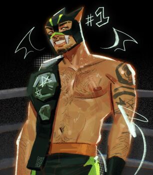 1boy animal_ears antonio_leon_mars_(skcd_loen) arm_hair arm_tattoo artist_logo backlighting belt black_background black_mask black_shorts cat_ears championship_belt chest_hair chromatic_aberration commentary cowboy_shot demon_tail demon_wings drawn_star drawn_tail drawn_wings english_commentary eyebrow_cut facial_hair fake_animal_ears fangs goatee gradient_background green_eyes green_mask green_shorts half-closed_eyes hashtag-only_commentary highres logo looking_ahead mustache navel nipples original ring_piercing scratches shorts skcd_loen skull_tattoo smile star_(symbol) star_tattoo stomach_hair stubble sweatdrop tail tan tattoo teeth two-tone_mask two-tone_shorts wings wrestler wrestling_outfit wrestling_ring wristband