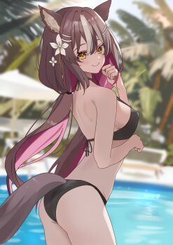 1girl absurdres animal_ear_fluff animal_ears ass bare_shoulders bikini black_bikini breasts brown_hair bunbun_(midukikome) chisaka_airi closed_mouth colored_inner_hair commentary commission english_commentary flower from_side hair_flower hair_ornament hairclip hairpin halterneck highres long_hair looking_at_viewer medium_breasts multicolored_hair multiple_hairpins outdoors palm_leaf palm_tree phase_connect pink_hair pool poolside second-party_source smile solo standing swimsuit tail tree virtual_youtuber wolf_ears wolf_girl wolf_tail yellow_eyes