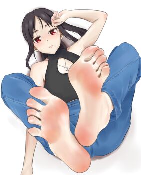 1girl barefoot black_hair feet highres kaguya-sama_wa_kokurasetai_~tensai-tachi_no_renai_zunousen~ light_blush long_hair looking_at_viewer lying on_back red_eyes shinomiya_kaguya shirow_(mha03133) soles toes