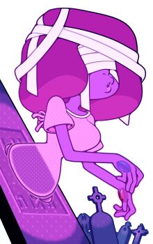 1girl afro bandaged_head bandages bandages_over_eyes colored_skin discount-supervillain garnet_(steven_universe) ghost highres hospital_gown purple_skin short_sleeves solo steven_universe thick_lips tombstone