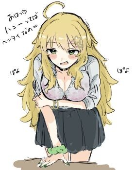 1girl ahoge black_choker black_skirt blonde_hair blush breasts choker cleavage collarbone female_focus green_eyes green_nails gyaru hair_ornament hoshii_miki idolmaster idolmaster_(classic) ikanya japanese_text long_hair open_mouth shirt simple_background skirt solo tagme translation_request white_background white_shirt