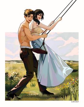 1boy 1girl artist_name bare_arms bare_shoulders black_hair black_pants black_shoes blue_skirt border breasts brown_hair commentary couple crop_top english_commentary eren_yeager facial_scar full_body hair_between_eyes hetero highres long_hair long_skirt medium_breasts mikasa_ackerman one_eye_closed open_mouth outdoors pants parted_bangs scar scar_on_cheek scar_on_face shingeki_no_kyojin shirt shoes short_hair skirt sleeveless sleeveless_shirt smile sumiensp swing topless_male white_border white_shirt