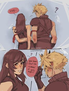 1boy 1girl ? absurdres apron arm_ribbon arms_behind_back bare_shoulders black_apron black_gloves black_hair black_vest blonde_hair blush breasts cloud_strife commentary ear_blush english_commentary english_text final_fantasy final_fantasy_vii final_fantasy_vii:_advent_children from_behind gloves heart height_difference highres holding holding_own_hair large_breasts leaning_on_person long_hair looking_at_another motion_lines parted_lips red_eyes red_ribbon ribbed_shirt ribbon shirt short_hair single_bare_shoulder single_shoulder_pad sleeveless sleeveless_shirt speech_bubble spiked_hair strawderryst swaying_hip tifa_lockhart twitter_username upper_body vest waist_apron