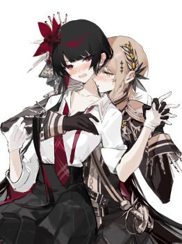 2girls bite_mark bite_mark_on_neck black_gloves black_hair black_jacket black_skirt blonde_hair blush chao_jiu_wan_shiyi_dian_ban chinese_commentary collared_shirt commentary_request epaulettes flower gloves hair_flower hair_ornament hand_on_another&#039;s_chest hasumi_leia highres holding_hands interlocked_fingers jacket licking licking_another&#039;s_neck long_hair long_sleeves looking_at_another loose_necktie mahou_shoujo_no_majo_saiban multiple_girls necktie nikaido_hiro nose_blush open_mouth partially_unbuttoned pleated_skirt red_eyes red_flower red_necktie shirt short_hair simple_background sitting sitting_on_lap sitting_on_person skirt white_background white_gloves white_shirt yellow_eyes yuri