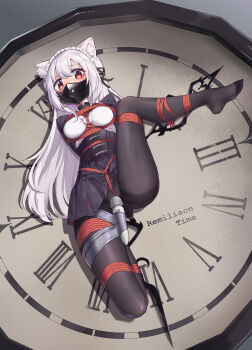 1girl absurdres analog_clock animal arms_behind_back ball_gag bdsm black_pantyhose bondage bound bound_breasts bound_legs bound_torso breasts chinese_commentary clock cloth_gag commentary corset covered_mouth crotch_rope dress female_focus forced_orgasm frogtie full_body gag gag_under_mask gagged highres hitachi_magic_wand improvised_gag latex_mask long_hair mask medium_breasts mouth_mask no_shoes original over_the_nose_gag pantyhose pleated_skirt red_eyes restrained sex_toy shibari shibari_over_clothes skirt solo variant_set vibrator white_hair wiffle_gag xiongmao