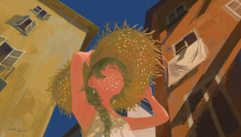 1girl armpits arms_up blue_sky braid building clear_sky closed_mouth commentary dated day from_below green_hair hair_over_shoulder hands_on_headwear hat highres looking_up original outdoors sky sleeveless solo straw_hat window_shutter xilmo yellow_eyes