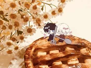 2boys :d akinashi_haru black_hair black_suit bouquet brown_cardigan brown_pants cardigan chibi commentary_request flower fork formal_clothes full_body highres holding holding_fork holding_spoon mini_person miniboy multiple_boys muyou_0724 open_mouth oversized_food oversized_fork oversized_object oversized_spoon pants photo_background saihate_eki short_hair smile spoon standing_on_food suit tatsunami_shion white_hair wide_shot