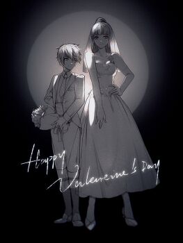 1boy 1girl absurdres ankle_socks backlighting bare_shoulders black_background blazer blunt_bangs bouquet breast_pocket bridal_veil bride brooch buttons chinese_commentary circle closed_mouth collarbone collared_jacket commentary_request dress dress_shoes elbow_gloves english_text flower flower_brooch full_body gloves greyscale hair_between_eyes hand_on_own_hip happy happy_valentine height_difference high-waist_pants high_heels highres holding holding_bouquet jacket jewelry lapels leg_belt loen_(shining_nikki) long_dress long_hair messy_hair monochrome nikki_(nikki) nikki_(series) notched_lapels open_clothes open_jacket pants pleated_dress pocket polka_dot_necktie ponytail shining_nikki short_hair shorter_male size_difference smile socks standing stars_zhangzhang strapless strapless_dress tall_female_short_male taller_female veil very_long_hair wedding_dress