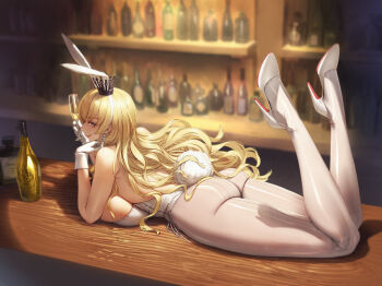 1girl alcohol animal_ears ass backless_leotard bar_(place) blonde_hair bottle breasts champagne_flute character_request crown cup drinking_glass fake_animal_ears fake_tail feet_up highres large_breasts leotard long_hair lying on_stomach pantyhose playboy_bunny qingmingtongzi rabbit_ears rabbit_tail smile solo strapless strapless_leotard tail warship_girls_r wavy_hair white_leotard white_pantyhose