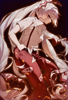 1girl absurdres commentary feet_out_of_frame frilled_shirt_collar frills fujiwara_no_mokou grey_hair hands_in_pockets highres knocknock0464 long_hair looking_at_viewer pants ponytail profile red_pants shirt short_sleeves sideways_glance solo suspender_pants touhou very_long_hair white_shirt