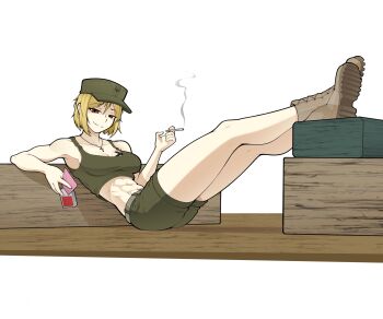 Rule 34 | 1girl, abs, absurdres, arbor spirit, bare shoulders, blonde hair, boots, breast tattoo, breasts, brown eyes, cigarette, cleavage, crop top, full body, hat, highres, holding, holding cigarette, looking at viewer, marichka, mazepynka, medium breasts, midriff, navel, original, russo-ukrainian war, short hair, short shorts, shorts, simple background, smile, smoke, solo, tank top, tattoo, white background