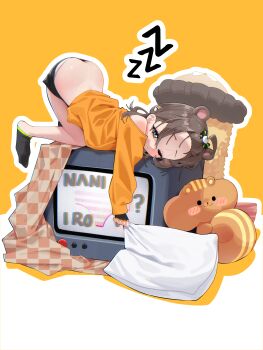 1girl absurdres agnamore ahoge animal_ears ass bare_shoulders bear_ears black_bow black_gloves black_shorts black_socks blue_eyes blush blush_stickers border bow brown_hair butt_crack closed_mouth commentary_request fingerless_gloves gloves hair_bow half-closed_eye highres holding holding_pillow hololive natsuiro_matsuri natsuiro_matsuri_(gaming_casual) no_shoes off_shoulder one_eye_closed orange_background orange_shirt panties pillow romaji_text shirt short_shorts shorts sock_pull socks solo striped_bow striped_clothes striped_panties television top-down_bottom-up translation_request underwear unmoving_pattern virtual_youtuber white_border white_panties zzz