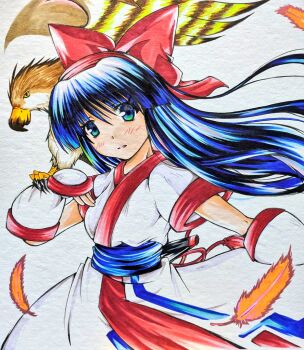 Rule 34 | 1girl, ainu clothes, arm up, blue eyes, blue hair, breasts, feathers, fingerless gloves, gloves, hair ribbon, highres, legs, long hair, looking at viewer, medium breasts, nakoruru, ribbon, samurai spirits, smile, snk, the king of fighters, thighs, traditional media, weapon