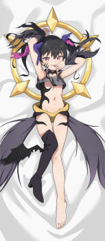 1girl absurdres black_boots black_hair black_skirt black_tube_top boots closed_mouth feathered_wings highres looking_at_viewer low_wings navel official_alternate_color official_alternate_eye_color official_alternate_hair_color onion_(tamanegi) red_eyes single_thigh_boot skirt solo strapless tama_(wixoss) thigh_boots tongue tongue_out tube_top two_side_up wings wixoss