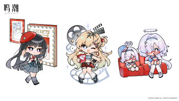 3girls absurdres bag bespectacled black_hair black_skirt blonde_hair character_doll chibi chibi_only chisa_(wuthering_waves) cup disposable_cup doll drinking_straw drinking_straw_in_mouth earrings food glasses grey_hair halo hand_up highres holding holding_cup jewelry lihua_luoling logo long_hair looking_at_viewer lynae_(wuthering_waves) missing_commentary mole mole_under_eye mornye_(wuthering_waves) multiple_girls official_alternate_costume official_art one_eye_closed open_mouth popcorn red-framed_eyewear red_eyes red_skirt shoulder_bag simple_background sitting skirt smile white_background wuthering_waves